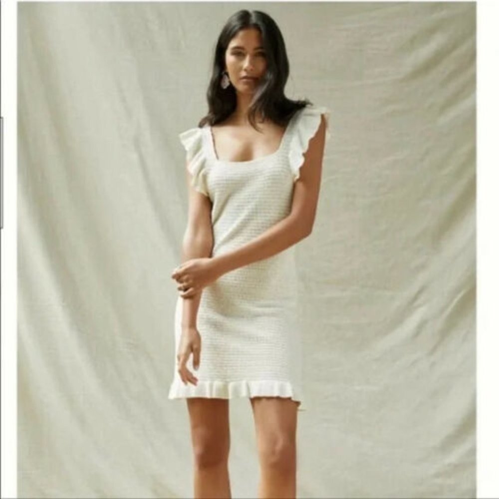 NWT House of Harlow 1960 Cream Ruffle Knit Boho Casual Mini Dress M